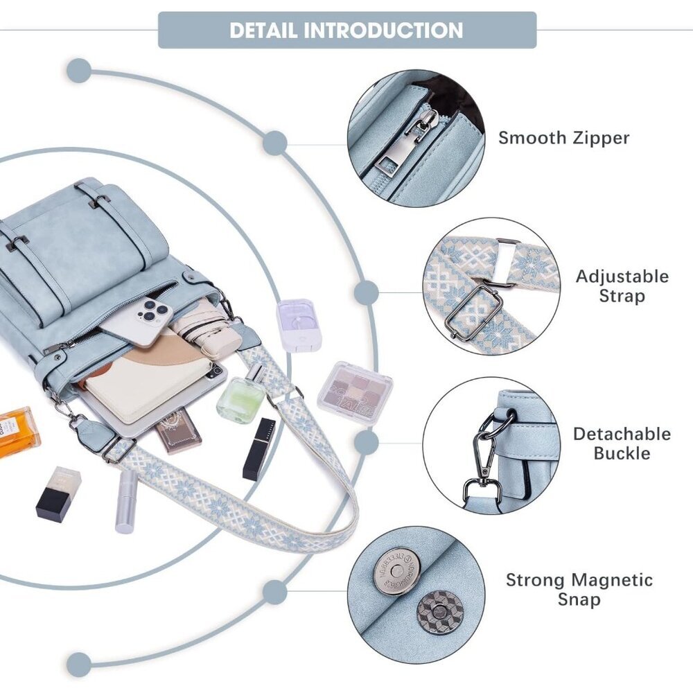 Women’s Sky Blue Leather Purses Multi-Pocket Adjustable Strap Crossbody Bags - Picture 5 of 6